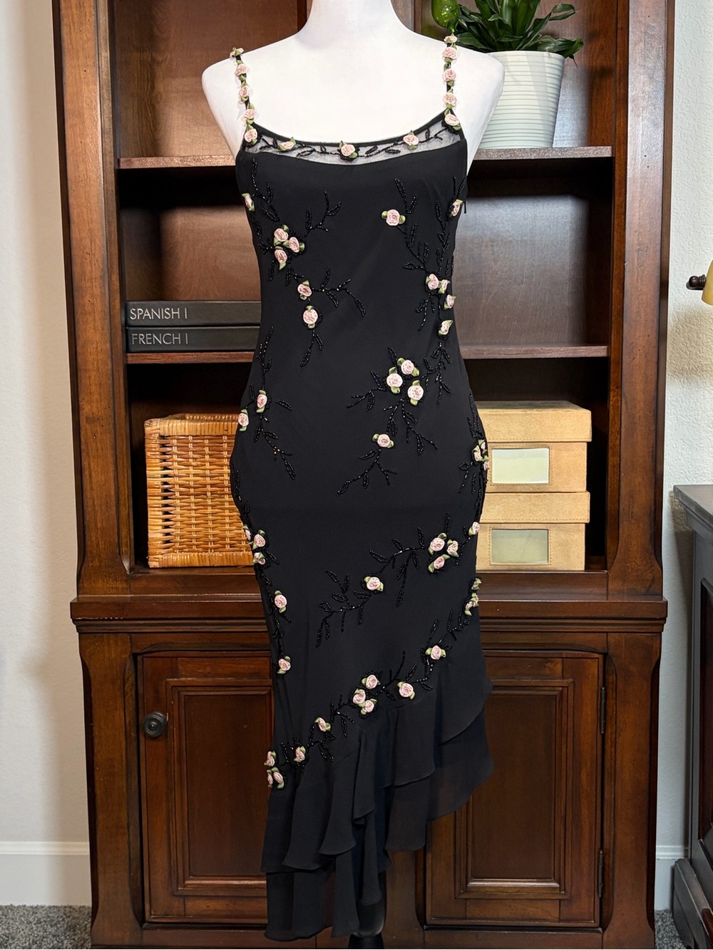 Sue Wong Vintage "Rare" Black Silk Floral Rosette Beaded Dress Size 6 Romantic - Picture 2 of 16